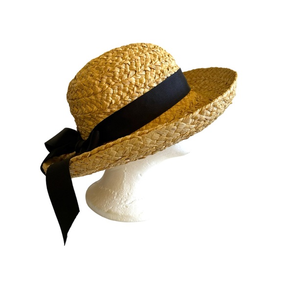 Vintage Sun Hat Wide Brim Ribbon Trim - Picture 1 of 7